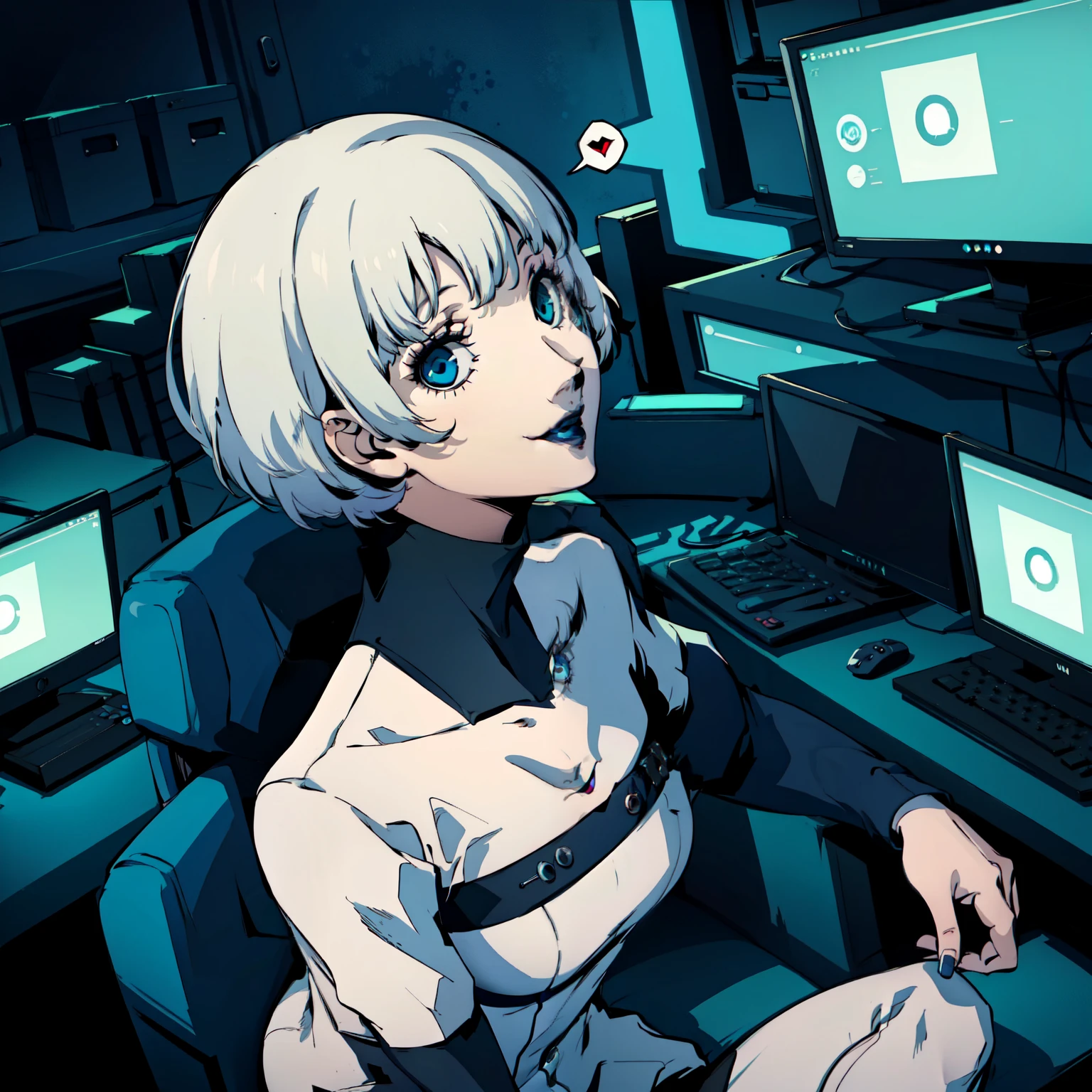 masterpiece, ((best quality)),((1 girl)), blue eyes, very Short hair, black lipstick, white hair, female , tomboy Pixie haircut, deep blue suit, white hair, white hair,smiling,hacker,in the,dark room,sitting,looking monitor,cute