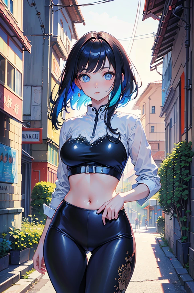 gorgeous girl, wide hips, narrow waist, medium breast, pretty face, glowing perfect skin, wearing letex leggings and white crop top, background of a intricately detailed aesthetic street that goes to a mountain, modern buildings in background, ultra high quality, intricately detailed, super detailed anime illustration, masterpiece, vibrant, complex detail, ghibili studio,