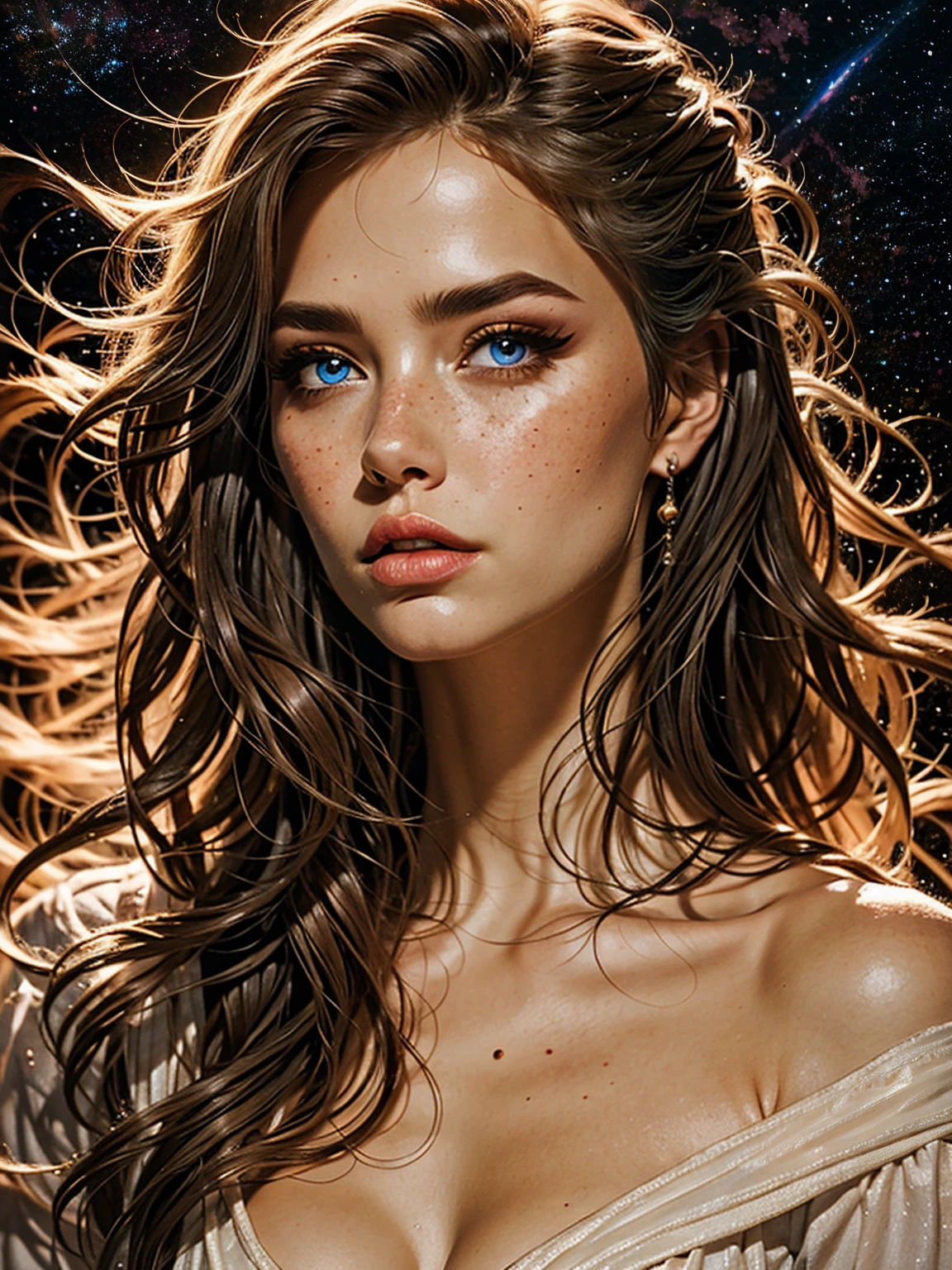 best quality, realistic, portrait, "topless woman", "beautiful detailed eyes", "soft and delicate skin", "long flowing hair", "elegant and graceful pose", "subtle lighting", "subtle background", "oil painting style", "vivid colors" very slutty, space background 