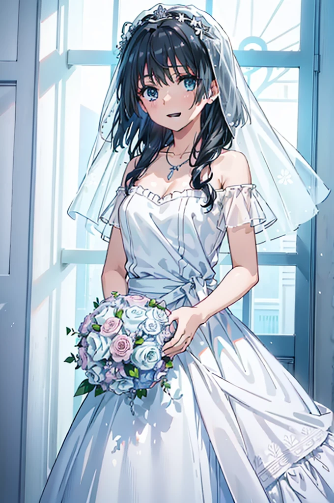 Okay, Saten Ruiko, Black Hair, blue eyes, Long Hair, hair ornaments, Floral decoration,Grin,smile,Veil,blush,Wedding dress,Off the shoulder,necklace,Wedding Skirts,Traveling with a large bouquet,Flower storm,
break indoor, Chapel,
break looking at viewer, Upper Body,whole body,(Cowboy Shot:1. 5) ,
break (masterpiece:1.2), Highest quality, High resolution, unity 8k wallpaper, (figure:0.8), (Beautiful attention to detail:1.6), Highly detailed face, Perfect lighting, Highly detailed CG, (Perfect hands, Perfect Anatomy),