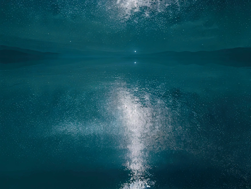 "Peaceful, peaceful night, bathed in silvery splendor. Harmonious scenes of the moon, subtly reflected in the calm waters. Twinkling stars dot the dark sky, creating a magical atmosphere. The surrounding nature is enveloped in a light and mysterious mist. Let your imagination come alive with this nighttime painting filled with serenity and peace."