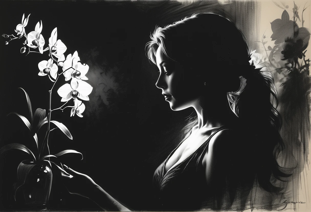 Artistic silhouette portrait, sketch, breathtaking portrait of a gorgeous woman, shadow art, play of light, close-up, hyper-realistic image of a woman leaning towards poisonous, otherworldly orchids, each flower emitting an eerie glow, symbolizing the connection between nature and dark enchantment.
Extremely realistic, shot in RAW format.
painting in the style of Anders Zorn, Alexi Brilo, Luisa Royo, Studio Ghibli Genshin Impact