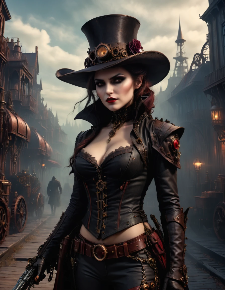 Dämonen- und Vampirjäger, Steampunck, schwarze Fantasie, hohe Detailgenauigkeit, hyper realist, filmischer Rahmen, Eine hohe Auflösung