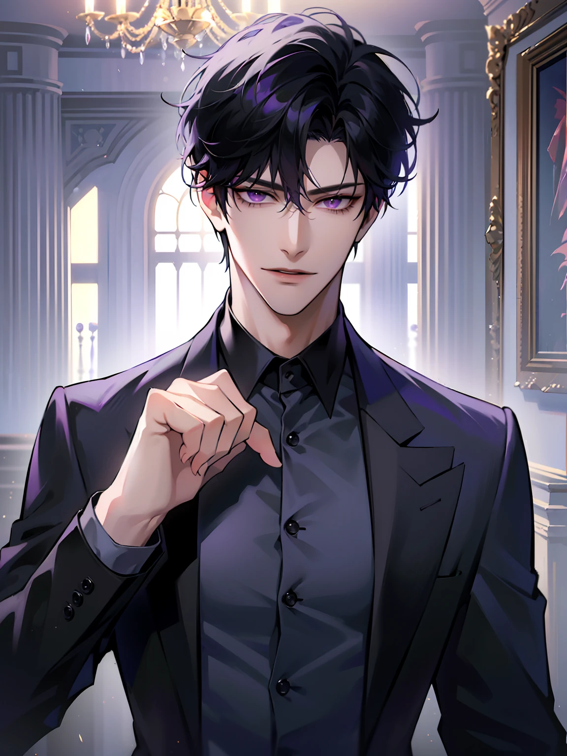 (masterpiece, 4k, high quality:1.3), 1boy, solo, short hair, black hair, asymmetrical fringe, purple eyes, handsome, sharp eyes, (mature male, mature:1.2), male focus, fashionable, black dress shirt, purple jacket, smile, ballroom, chandelier, indoors, ((holding hand out to the camera))