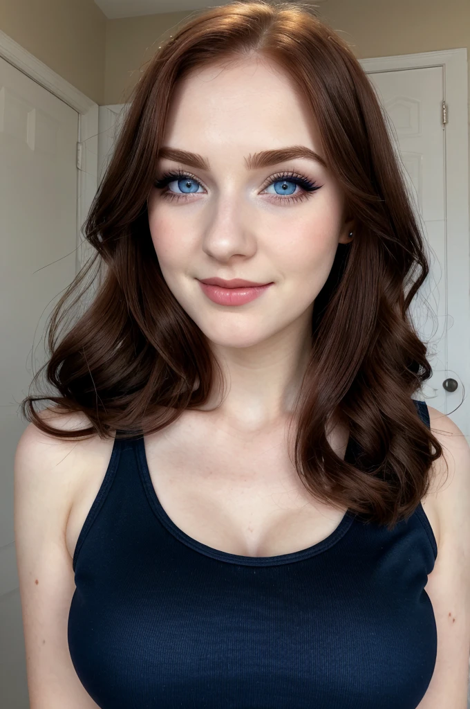 eyelashes,make-up,mascara,eyeshadow,eyebrows,blue eyes, small nose, lips, smile,face,beautifull face, perfect face,dark red hair,straight hair,1girl,20 years old,(face and bust portrait),pale skin,black tank top,spaghettie straps,big breasts,cleavage,blurry background,