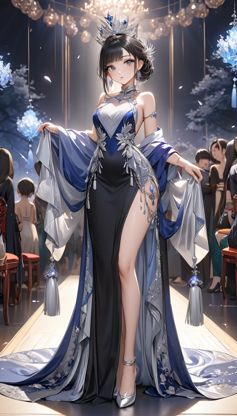 (masterpiece，high quality，8K).beautiful girl，Ethnic evening dress：1.5.The most beautiful Chinese girl，Queen，Skin details，Bright Eyes，Thick eyelashes，Unique，Staring at the audience），（Black long skirt，Long legs，seedling：1.5，Silver jewelry：1.2，Silver crown：1.5，silver tassel：1.37，Silver Collar，Silver texture，brilho prata）
