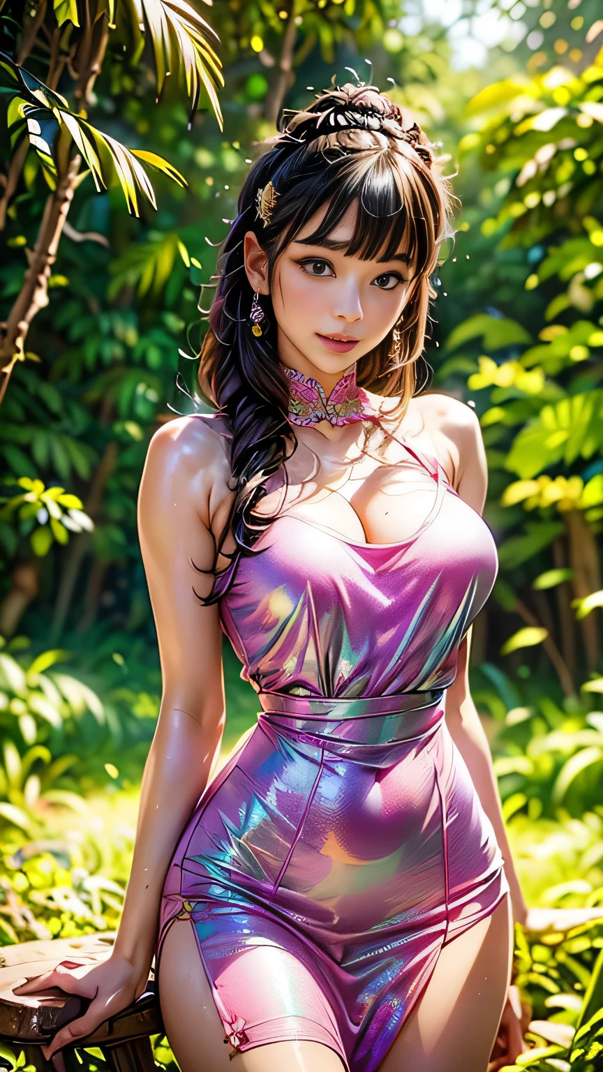 Accurate, Top Quality, Masterpiece, Precision, Ultra Detailed, Anatomically Correct, Meticulous, High Quality, (Photorealistic: 1.2), Sharp Focus, Cute Girl, Cowboy Shot, Translucent Pink Dress, (Made of Crystals), (Balloon Forest Theme, Great Colors, Detailed Design,), Portrait, Dream, Normal Breast, Thin Waist, Wide Hips, Sexy Thighs, Sweet, Fairy Tale Iridescent Pearls, Lots of Beautiful Flowers, Round Face, Black Hair, Long Eyelashes, Round Eyes, (Beautiful Face, Detailed and Perfect Face,), Cute Hairstyle, Crescent Hair Ornament, Perspective, Depth of Field, Film Lighting, Textured Skin,