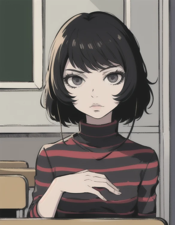 (masterpiece, best quality:1.2), sadayokawakamisweater, 1girl, solo, shirt, striped, striped shirt, indoors, classroom, chalkboard, window, looking at viewer, portrait, junji_ito style,  crepax