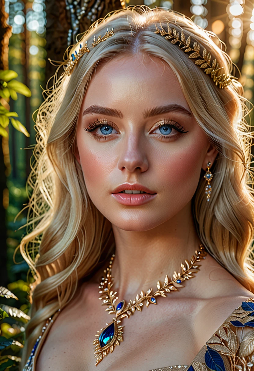 photorealistic blonde woman, beautiful detailed blue eyes, detailed face, detailed skin, detailed lips, detailed nose, long eyelashes, natural lighting, cinematic lighting, detailed jewelry, elegant dress, fantasy forest background, golden hour, intricate details, 8k, high resolution, best quality