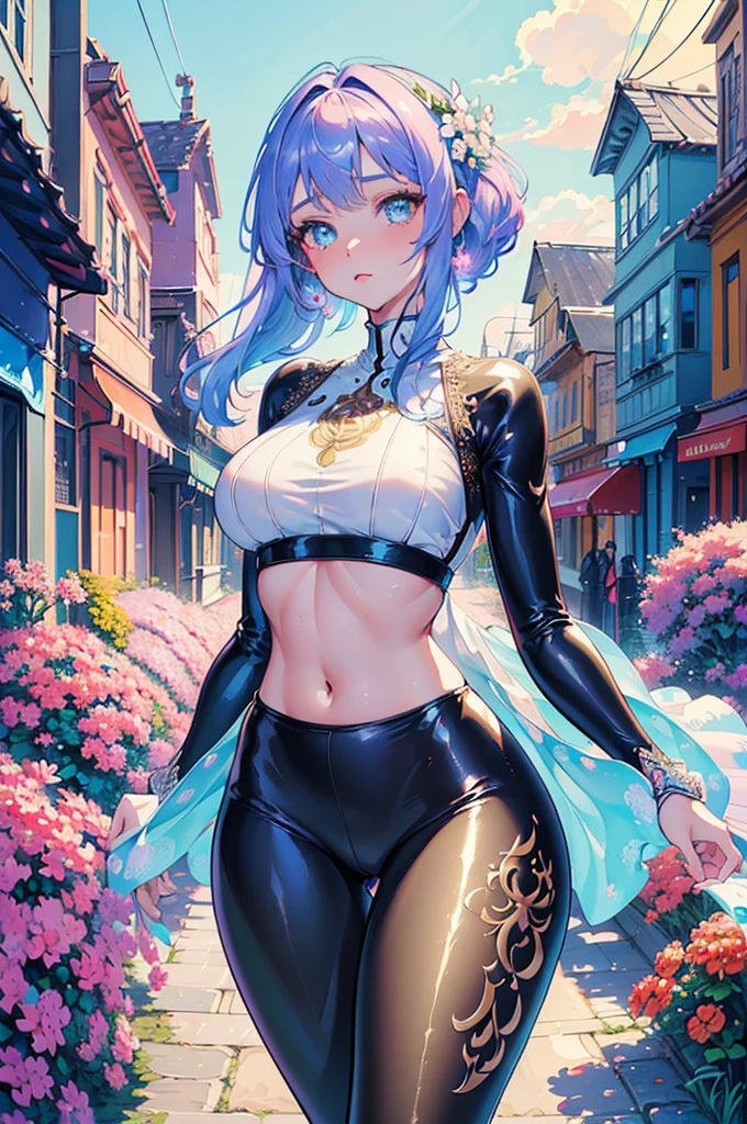 gorgeous girl, wide hips, narrow waist, medium breast, pretty face, glowing perfect skin, wearing letex leggings and white crop top, background of a intricately detailed aesthetic street that goes to a mountain, modern buildings in background, ultra high quality, intricately detailed, super detailed anime illustration, masterpiece, vibrant, complex detail, ghibili studio,