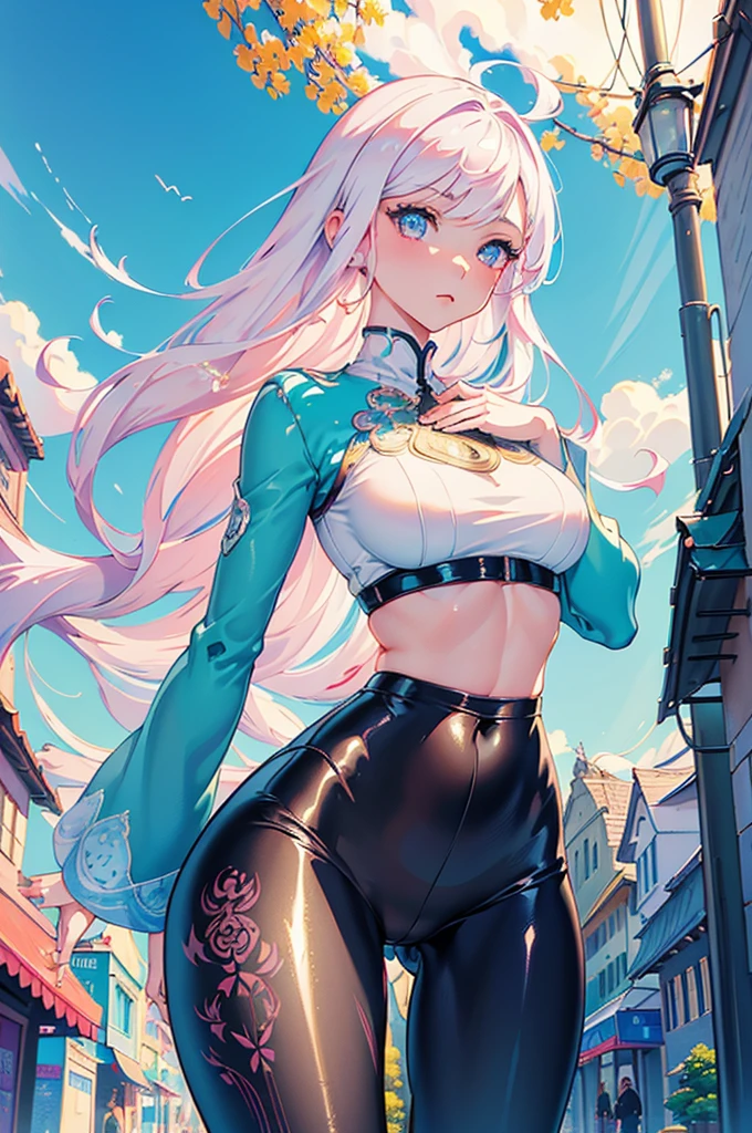 gorgeous girl, wide hips, narrow waist, medium breast, pretty face, glowing perfect skin, wearing letex leggings and white crop top, background of a intricately detailed aesthetic street that goes to a mountain, modern buildings in background, ultra high quality, intricately detailed, super detailed anime illustration, masterpiece, vibrant, complex detail, ghibili studio,