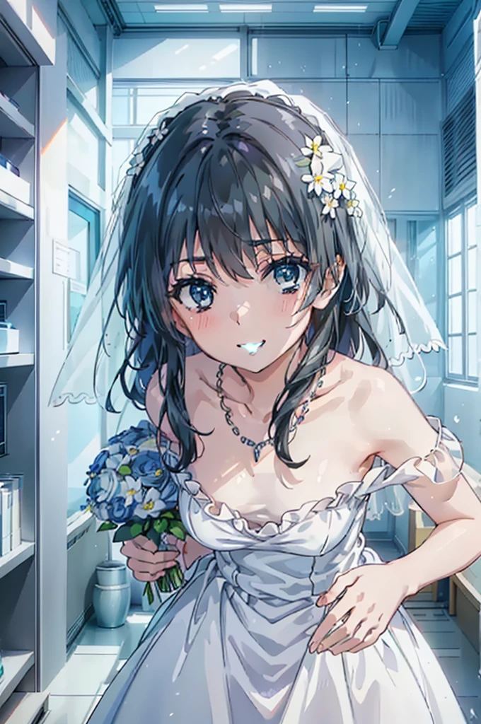 Okay, Saten Ruiko, Black Hair, blue eyes, Long Hair, hair ornaments, Floral decoration,Grin,smile,Veil,blush,Wedding dress,Off the shoulder,necklace,Wedding Skirts,Traveling with a large bouquet,Flower storm,
break indoor, Chapel,
break looking at viewer, Upper Body,whole body,(Cowboy Shot:1. 5) ,
break (masterpiece:1.2), Highest quality, High resolution, unity 8k wallpaper, (figure:0.8), (Beautiful attention to detail:1.6), Highly detailed face, Perfect lighting, Highly detailed CG, (Perfect hands, Perfect Anatomy),