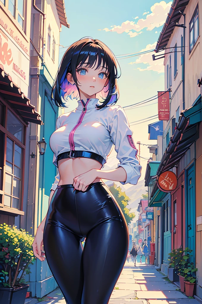 gorgeous girl, wide hips, narrow waist, medium breast, pretty face, glowing perfect skin, wearing letex leggings and white crop top, background of a intricately detailed aesthetic street that goes to a mountain, modern buildings in background, ultra high quality, intricately detailed, super detailed anime illustration, masterpiece, vibrant, complex detail, ghibili studio,