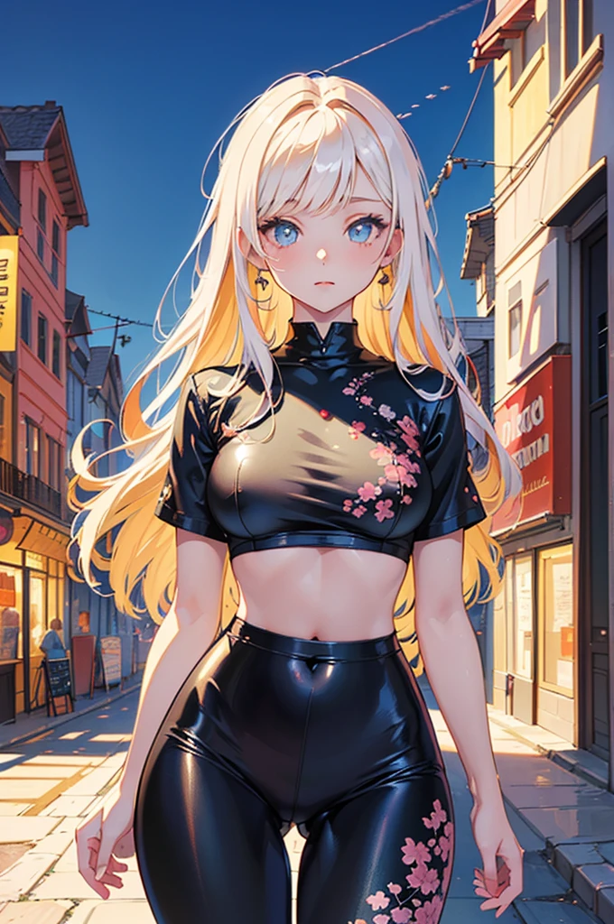 gorgeous girl, wide hips, narrow waist, medium breast, pretty face, glowing perfect skin, wearing letex leggings and white crop top, background of a intricately detailed aesthetic street that goes to a mountain, modern buildings in background, ultra high quality, intricately detailed, super detailed anime illustration, masterpiece, vibrant, complex detail, ghibili studio,