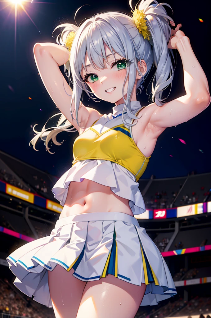 index, index,Silver Hair, (Green Eyes:1.5),Long Hair, (Flat Chest:1.2),Grin,tooth,Daytime,sunny,
,(cheer leading), (whole body), Lower, (Sweaty), Sweaty Wet Clothes, (White clothes),Sleeveless, Pleated skirt,Black socks,sneakers, Belly button support, playground, (Jump), (Jump), 足を曲げてJumpする, air, blue sky, Grass原, smile,Cheerleader, Pom-pom \(cheer leading\)have, Grass, smile, whole bodyがイラストに入るように,
break looking at viewer, whole body,(Cowboy Shot:1. 5) ,
break outdoors, Stadium,crowd, people々々々,A packed audience,
break (masterpiece:1.2), Highest quality, High resolution, unity 8k wallpaper, (shape:0.8), (Beautiful and beautiful eyes:1.6), Highly detailed face, Perfect lighting, Extremely detailed CG, (Perfect hands, Perfect Anatomy),