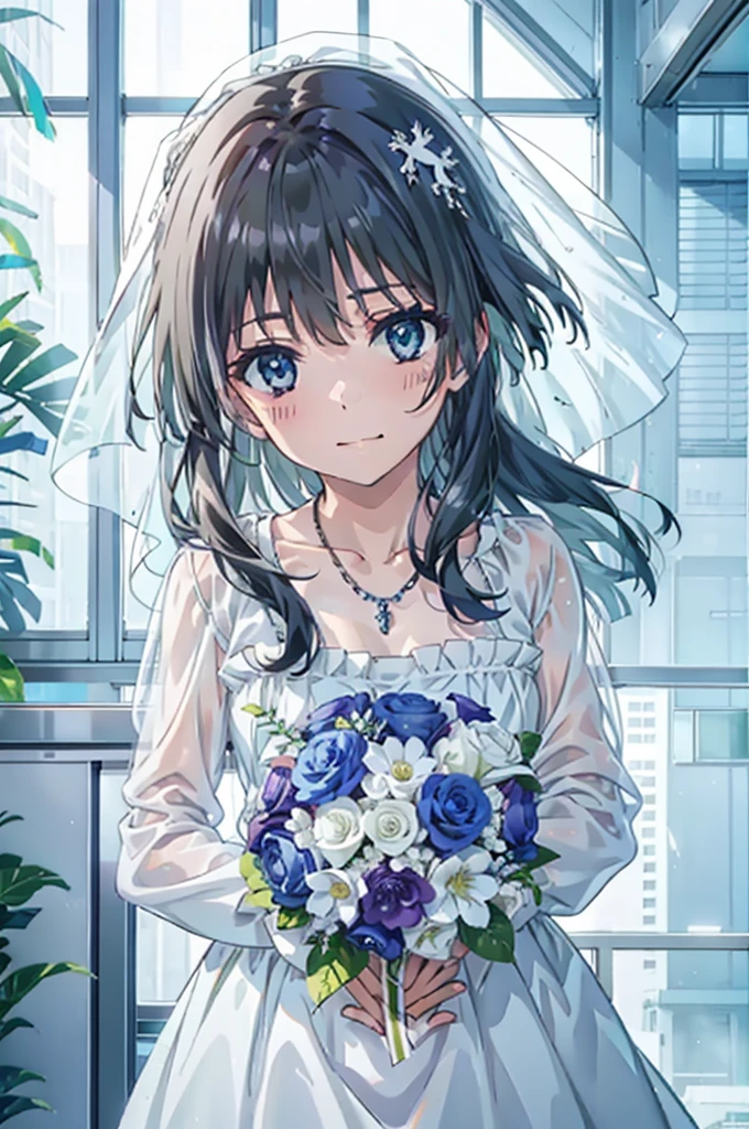 Okay, Saten Ruiko, Black Hair, blue eyes, Long Hair, hair ornaments, Floral decoration,Grin,smile,Veil,blush,Wedding dress,Off the shoulder,necklace,Wedding Skirts,Traveling with a large bouquet,Flower storm,Stained glass,
break indoor, Chapel,
break looking at viewer, Upper Body,whole body,(Cowboy Shot:1. 5) ,
break (masterpiece:1.2), Highest quality, High resolution, unity 8k wallpaper, (figure:0.8), (Beautiful attention to detail:1.6), Highly detailed face, Perfect lighting, Highly detailed CG, (Perfect hands, Perfect Anatomy),