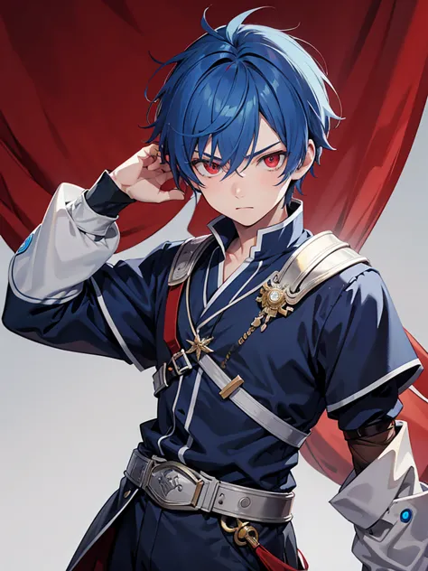 male character, boy, blue hair, red eyes, bad boy look, warrior clothes, isekai world background