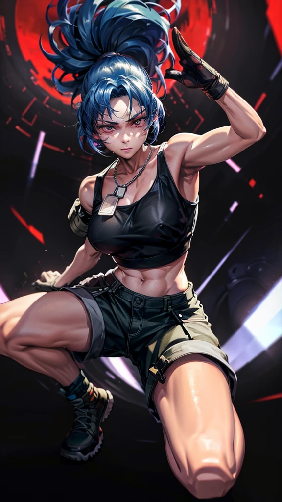 (masterpiece, highest quality, ultra high res, ultra detailed:1.3), 1 cute girl, ideal ratio body proportions, red eyes, (blue hair:1.2), high ponytail, unruly hair, military suit, short sleeves, military short pants, military boots, bare shoulders, bare arms, bare legs, open finger gloves, dog tag, earrings, full moon, night time, clothes covered nipples, 