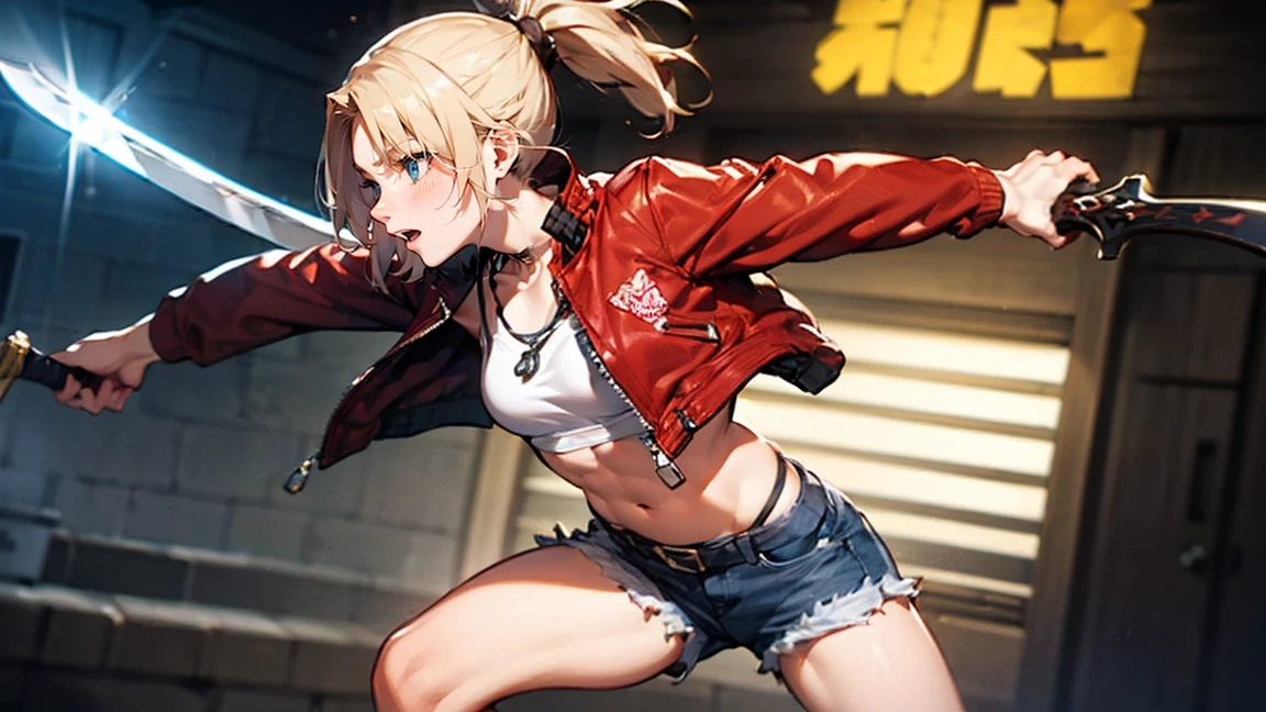 ((One Woman:2)), (Red jacket：1.9 )、((Battle Scenes：1.３, Swinging his sword violently,Dynamic Pose, Dynamic Action,Tight chest tops, Two-handed sword swinging pose)) , （Green Eyes:1.3）、Blonde Hair、ponytail、short hair、Scrunchie、赤いScrunchie、ヘアScrunchie、(赤いJacket:1.3)、denim、denimShorts、Jacket、jewelry、Abdominal muscles、Sturdy body、belly button、necklace、(赤い革Jacket)、Shorts、Shorts、Tube top、White top、,(Perfect hands),(Perfect Anatomy, complete hand depiction),(masterpiece),(Highest quality),　Angry face：1.３, side view：1.３
