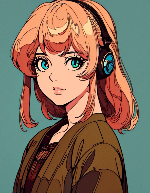 A beautiful young girl with short brown hair, wearing a vintage 90's inspired cardigan, light makeup with lip gloss, and headphones, in a romantic anime style scene, (best quality,4k,8k,highres,masterpiece:1.2),ultra-detailed,(realistic,photorealistic,photo-realistic:1.37),detailed eyes,detailed lips,extremely detailed face,long eyelashes,beautiful detailed portrait,soft lighting,warm color tones,cinematic,dreamy,vibrant colors,elegant,graceful,delicate,intricate details,anime-inspired art style,highly detailed anime style