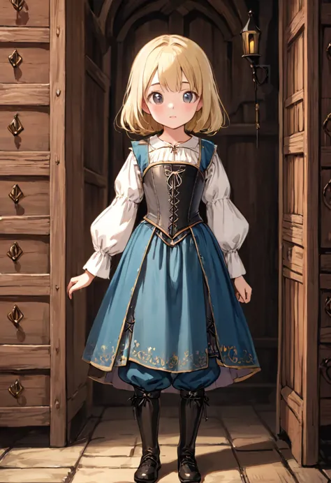 8 year old medieval girl, underwear姿、Knee-length drawers（underwear）Wearing、Wearing a corset