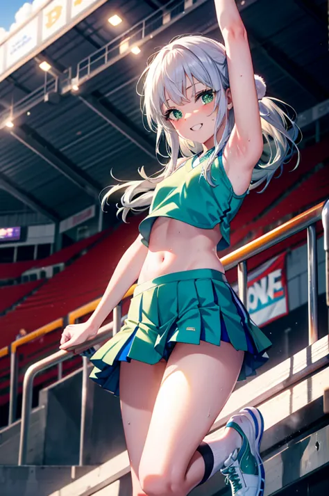 index, index,silver hair, (green eyes:1.5),long hair, (flat chest:1.2),grin,tooth,daytime,sunny,
,(cheer leading), (whole body),...