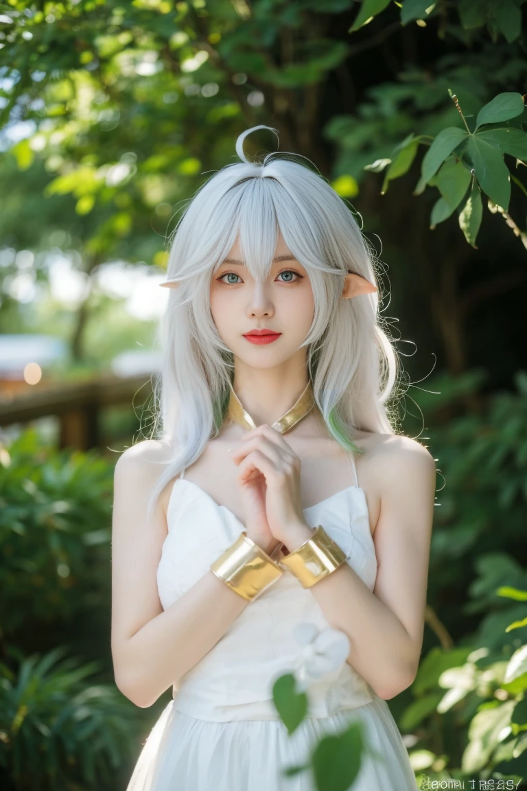  best quality,tmasterpiece,Ultra-high resolution,Clear face,（Reality：1.4），RAW photo，cold light，(upper body photo:1.5), (photorealistic:1.50), anime wallpaper, Guviz style artwork, fantasy close-up to magic, by Yang J, Guviz, beautiful artwork illustration, beautiful digital artwork, beautiful digital illustration, Li Song, beautiful anime portrait, art style at Beauvot, 1boy,smile, bracelet,bangs,(male focus,muscular:1.8),green eyes, dress, white dress, long hair, stirrup legwear, pointy ears, multicolored hair, standing, side ponytail, jewelry, white hair, gradient hair, tree, symbol-shaped pupils, hair ornament, bangs, solo, toeless legwear, outdoors, white socks, looking at viewer, toes, no shoes, socks, bracelet, feet, closed mouth, cross-shaped pupils, green hair, holding, hair between eyes, bare shoulders, sleeveless, day, flower, green cape, short sleeves, sleeveless dress, plant, white footwear