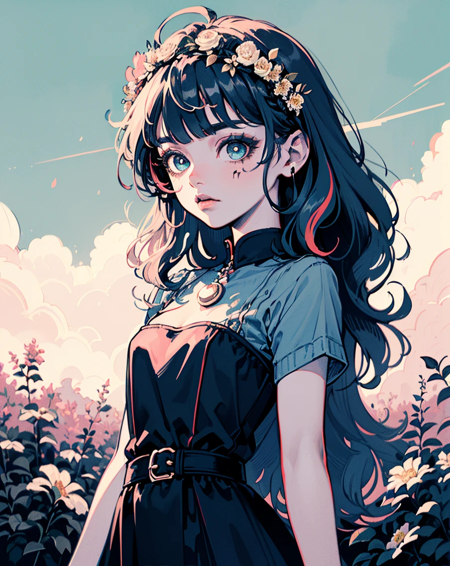 ((((((navy dress, puffy short sleeves, frilld,  on the flower field,))))))((((Blush:1.2,Loose cuffs,))))(((((((Monochrome world, Use only shades of pearl black and sky blue and gery, sparkling particles, geomerty:1.2, )))))))，((1girl,embarrassed,Amazing,Sharp focus,seductive lady，Solo，From below:1.1，Loose knitwear ,thigh band,))(Masterpiece,Best quality, offcial art, Beautiful and aesthetic:1.2),((hyper HD,Golden ratio,)) (16k),((Upper lens,facial tattoo)), (((flower crown))), (((Sagging breasts))))),(Physically-based rendering),Sharp focus, (((highdetailskin,))),intricate outfits，Delicate pupils,Cardiac pupils,Danfeng Eyes,((((detailed hairs|Long hair|Long bold side bangs|Cover your eyes|Naturally curly|streaked hair)))),Slender,(masterpiece sidelighting),(The sheen),(Beautiful hair,Beautiful eyes,）((unbelievable Ridiculous,)),((extremely_Detailed_Eyes_and_face)),film quality,(Dynamic configuration: 1.2),Brilliant,Glossy, (Photorealistic), ((vertical slit pupils)), two-sided fabric,Ultra-precise depiction, Ultra-detailed depiction,