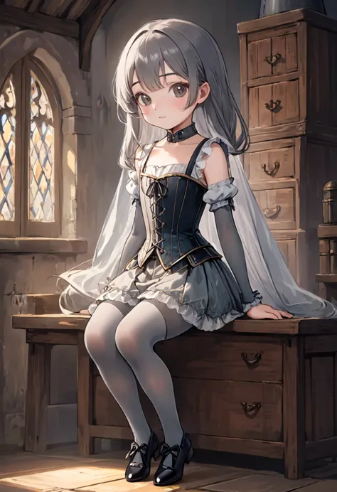 8 year old medieval girl, underwear姿、Knee-length drawers（underwear）Wearing、Wearing a corset、Translucent slip, Grey translucent t...