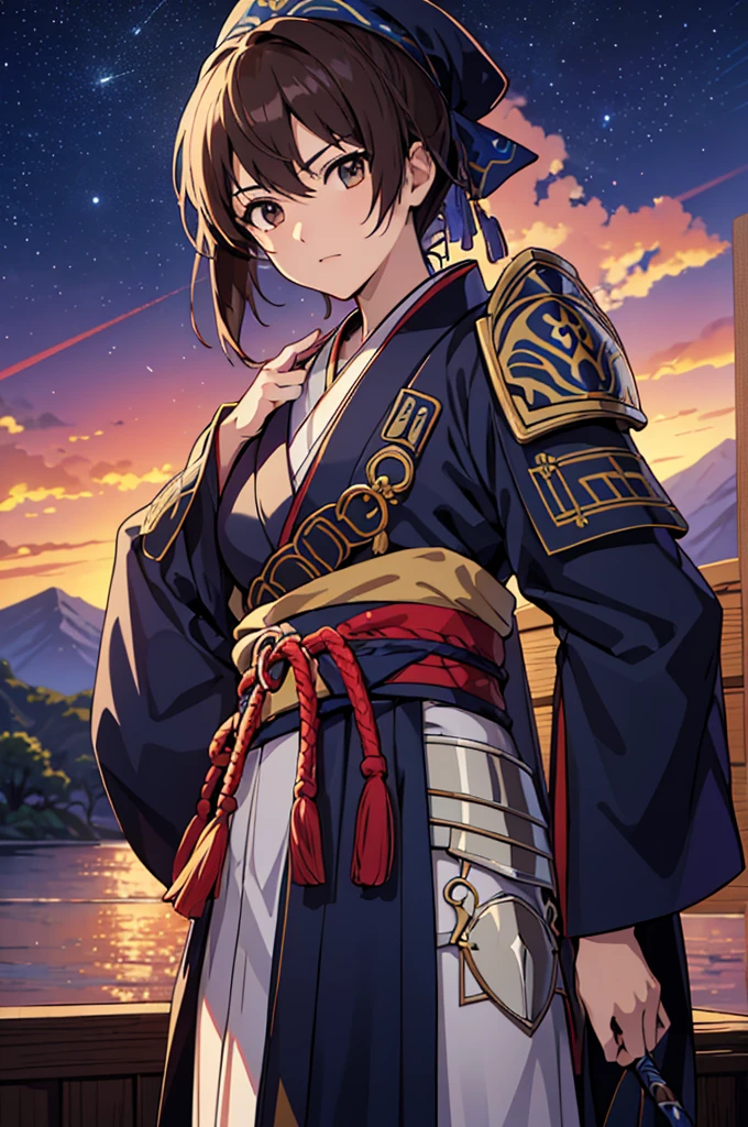 Highest quality, masterpiece, High resolution, alone, （Fire Emblem Hardin），（Fire Emblem: Mystery of the Emblem），turbaned，Japanese sword，kimono，Great armor、Shogun，（armor），（White‗Mantle），（Brown_Hair Color），Young Girl，Starry Sky_background，Anime Style, Highest quality, 4K, masterpiece,， alone, 1,whole body，looking at the camera, Shinkai Makoto style, Sharp Eyes，（Full Finger）, （Accurate fingertips）, （The finer details）, （Anatomically correct）, (映画のbackground), Hyper Detail, (Subtle details), (Intricate details),