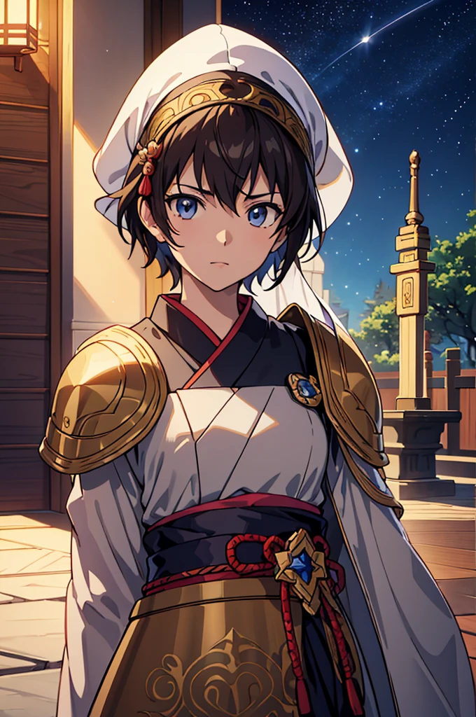 Highest quality, masterpiece, High resolution, alone, （Fire Emblem Hardin），（Fire Emblem: Mystery of the Emblem），turbaned，Japanese sword，kimono，Great armor、Shogun，（armor），（White‗Mantle），（Brown_Hair Color），Young Girl，Starry Sky_background，Anime Style, Highest quality, 4K, masterpiece,， alone, 1,whole body，looking at the camera, Shinkai Makoto style, Sharp Eyes，（Full Finger）, （Accurate fingertips）, （The finer details）, （Anatomically correct）, (映画のbackground), Hyper Detail, (Subtle details), (Intricate details),