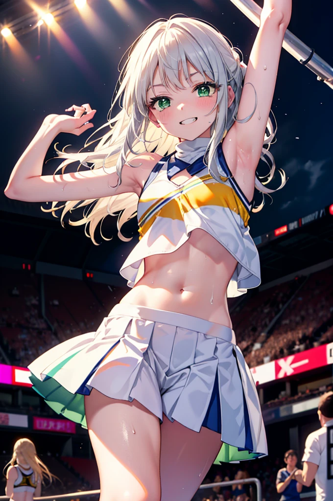 index, index,Silver Hair, (Green Eyes:1.5),Long Hair, (Flat Chest:1.2),Grin,tooth,Daytime,sunny,
,(cheer leading), (whole body), Lower, (Sweaty), Sweaty Wet Clothes, (White clothes),Sleeveless, Pleated skirt,Black socks,sneakers, Belly button support, playground, (Jump), (Jump), 足を曲げてJumpする, air, blue sky, Grass原, smile,Cheerleader, Pom-pom \(cheer leading\)have, Grass, smile, whole bodyがイラストに入るように,
break looking at viewer, whole body,(Cowboy Shot:1. 5) ,
break outdoors, Stadium,crowd, people々々々,A packed audience,
break (masterpiece:1.2), Highest quality, High resolution, unity 8k wallpaper, (shape:0.8), (Beautiful and beautiful eyes:1.6), Highly detailed face, Perfect lighting, Extremely detailed CG, (Perfect hands, Perfect Anatomy),