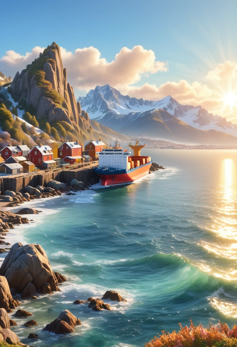 a beautiful serene coastal town, rocky coastline, tranquil ocean, wooden dock, large cargo ship on the horizon, snow-capped mountains in the background, sunlight glistening on the water, realistic, photorealistic, 8k, ultra-detailed, masterpiece, stunning landscape, vivid colors, cinematic lighting