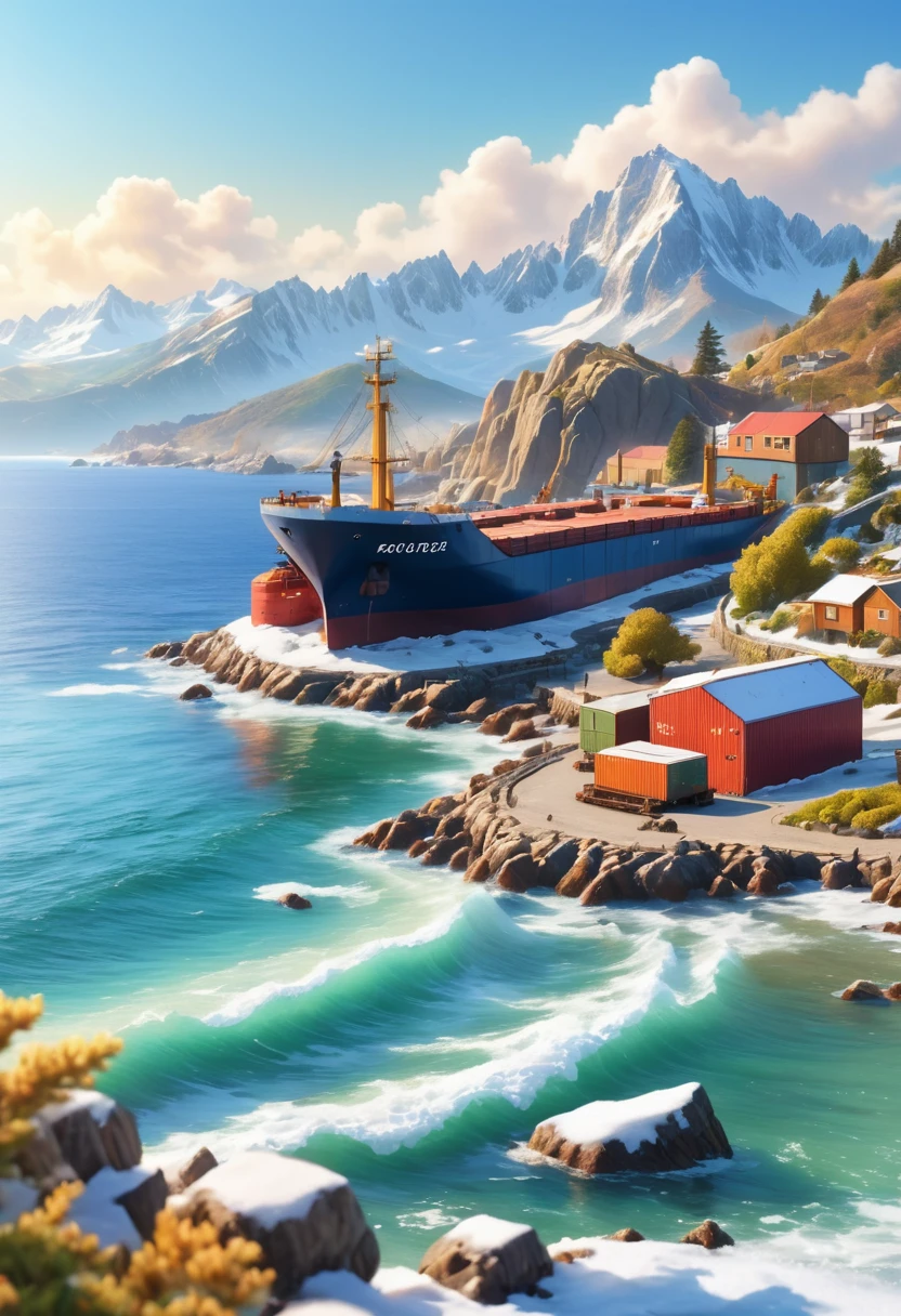 a beautiful serene coastal town, rocky coastline, tranquil ocean, wooden dock, large cargo ship on the horizon, snow-capped mountains in the background, sunlight glistening on the water, realistic, photorealistic, 8k, ultra-detailed, masterpiece, stunning landscape, vivid colors, cinematic lighting