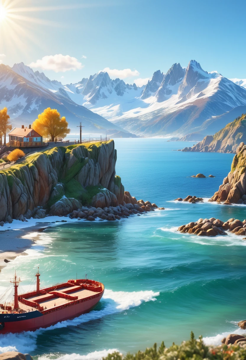 a beautiful serene coastal town, rocky coastline, tranquil ocean, wooden dock, large cargo ship on the horizon, snow-capped mountains in the background, sunlight glistening on the water, realistic, photorealistic, 8k, ultra-detailed, masterpiece, stunning landscape, vivid colors, cinematic lighting