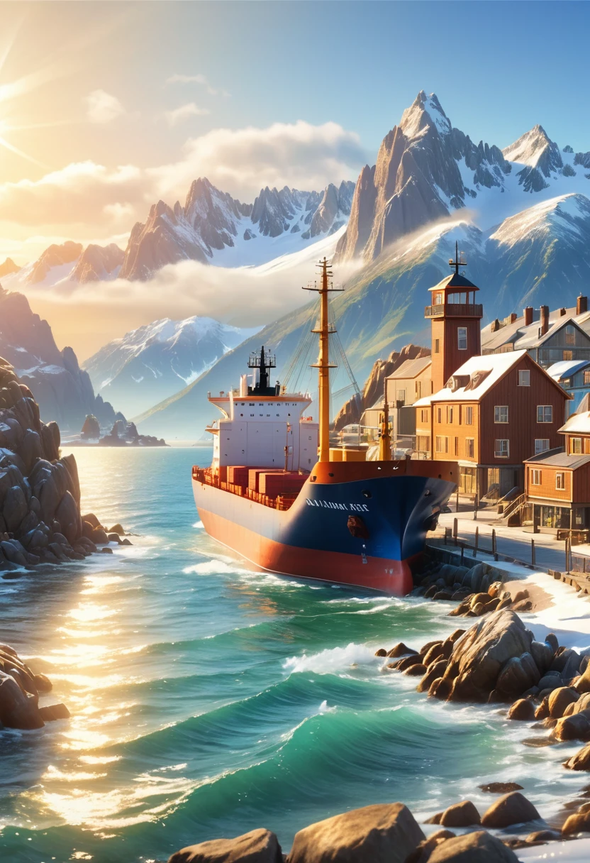 a beautiful serene coastal town, rocky coastline, tranquil ocean, wooden dock, large cargo ship on the horizon, snow-capped mountains in the background, sunlight glistening on the water, realistic, photorealistic, 8k, ultra-detailed, masterpiece, stunning landscape, vivid colors, cinematic lighting