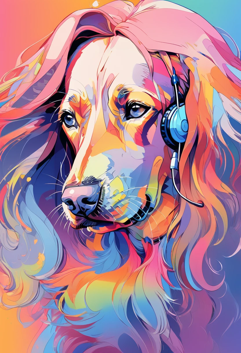 (Highest quality:0.8), (Highest quality:0.8), Perfect illustration,Portrait of a beautiful woman and her dog、image、Complex、Blueprint、Beauty with headphones、Dachshund、Colorful colors、Rainbow Gradient