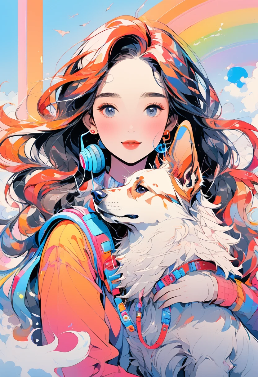 (Highest quality:0.8), (Highest quality:0.8), Perfect illustration,Portrait of a beautiful woman and her dog、image、Complex、Blueprint、Beauty with headphones、Dachshund、Colorful colors、Rainbow Gradient