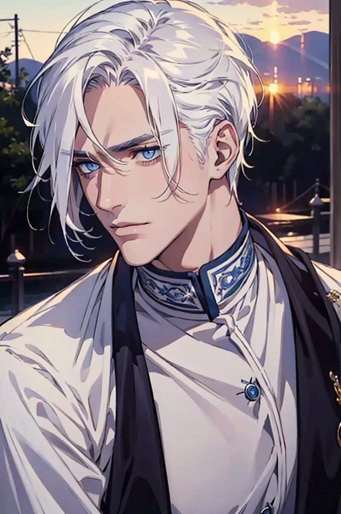 ((masterpiece:1.2, Best quality)), 4k, adult, European face, 1 person, male, , masculine, Beautiful, tall, dark casual wear, White skin, white hair, blue eyes s, portrait, sunset, man, adult man
