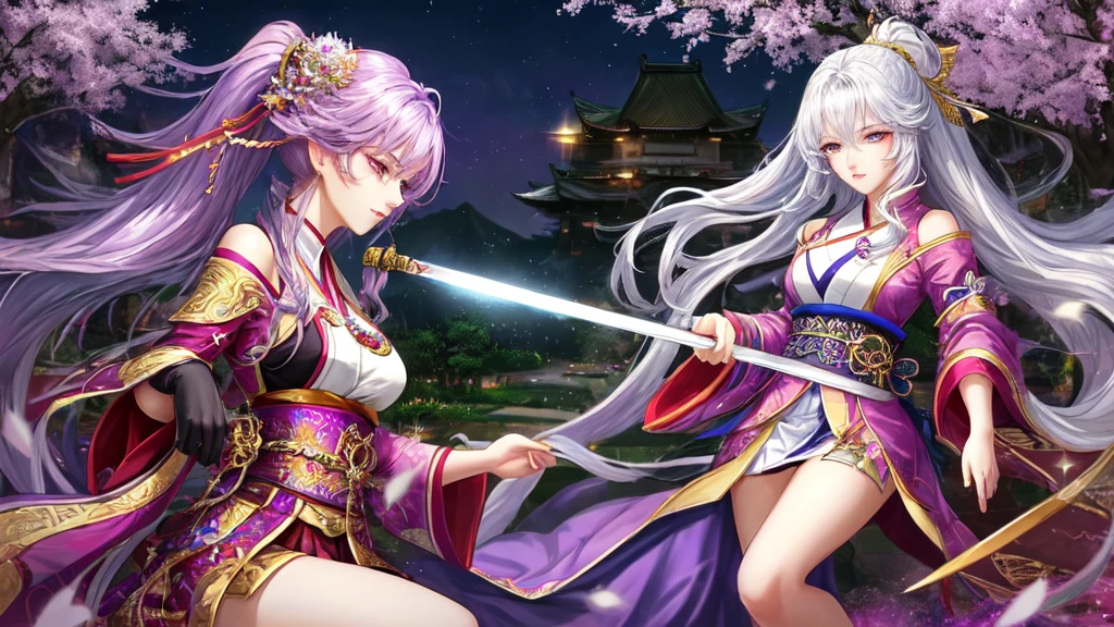 (masterpiece, Highest quality, Highest quality, Official Art, beautifully、aesthetic:1.2), Midnight purple hair color,Long Ponytail,Swordsman,Long Straight,beautiful girl,Miko costume,In combat,knife,skirt,Japanese style,Moonlit Night,sexy,Long, narrow eyes,Very detailed, 華やかなgem, (Fractal Art:1.3), Delicate face, Gradient Hair, body,（Perfect body：1.1）, gem, Sparkling Eyes，Long eyelashes, Hyper Photorealism, Cinema Lighting, projected inset, Surrealism, Hyper HD, masterpiece, 16K，Sparkly Background,Cherry tree