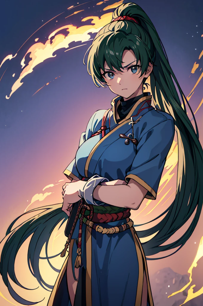 Highest quality, masterpiece, High resolution, alone, （Fire Emblem Ayla），（Fire Emblem: Genealogy of the Holy War），（Half Up_Hairstyle），Long sword，kimono、Nothing，（Armor‗Japan），（Roaring‗Facial Expressions），（Jinhaori），Evening sky_background，Young Girl，Anime Style, Highest quality, 4K, masterpiece,， alone, 1,whole body，looking at the camera, Shinkai Makoto style, （black_Hair Color）Sharp Eyes，（Full Finger）, （Accurate fingertips）, （The finer details）, （Anatomically correct）, (映画のbackground), Hyper Detail, (Subtle details), (Intricate details),