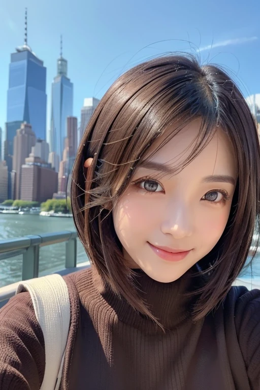 (((Face close-up)))、(((Brown, shoulder-length, straight short bob)))、(((She has the New York skyline in the background、Posing like a model at a beauty salon。.)))、(((Casual black long sleeve winter outfit)))、Half Japanese and half Korean、18-year-old girl、Independent、Look forward、Light eye makeup、Brown Hair Color、Flat 、Hair blowing in the wind、Quality of actress、Shiny, Ultra-realistic faces、Smiling face、Watery eyes、look up、Subtle lighting effects、 Ultra-Realistic Capture、Very detailed、High resolution 16K human skin closeup。Skin texture must be natural、The details must be clear enough to identify pores.、skin is healthy、Must be of uniform tone、Use natural light and color、Classic high-quality images taken by modeling agencies&#39;Exclusive photographer、smile
