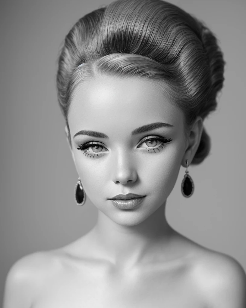  naked girl full body jack, monochrome, portrait, 50s hairstyle, 50s makeup, jewelry, formal hairstyle, Glamour, head shot, (looking at the viewer), Chapped lips