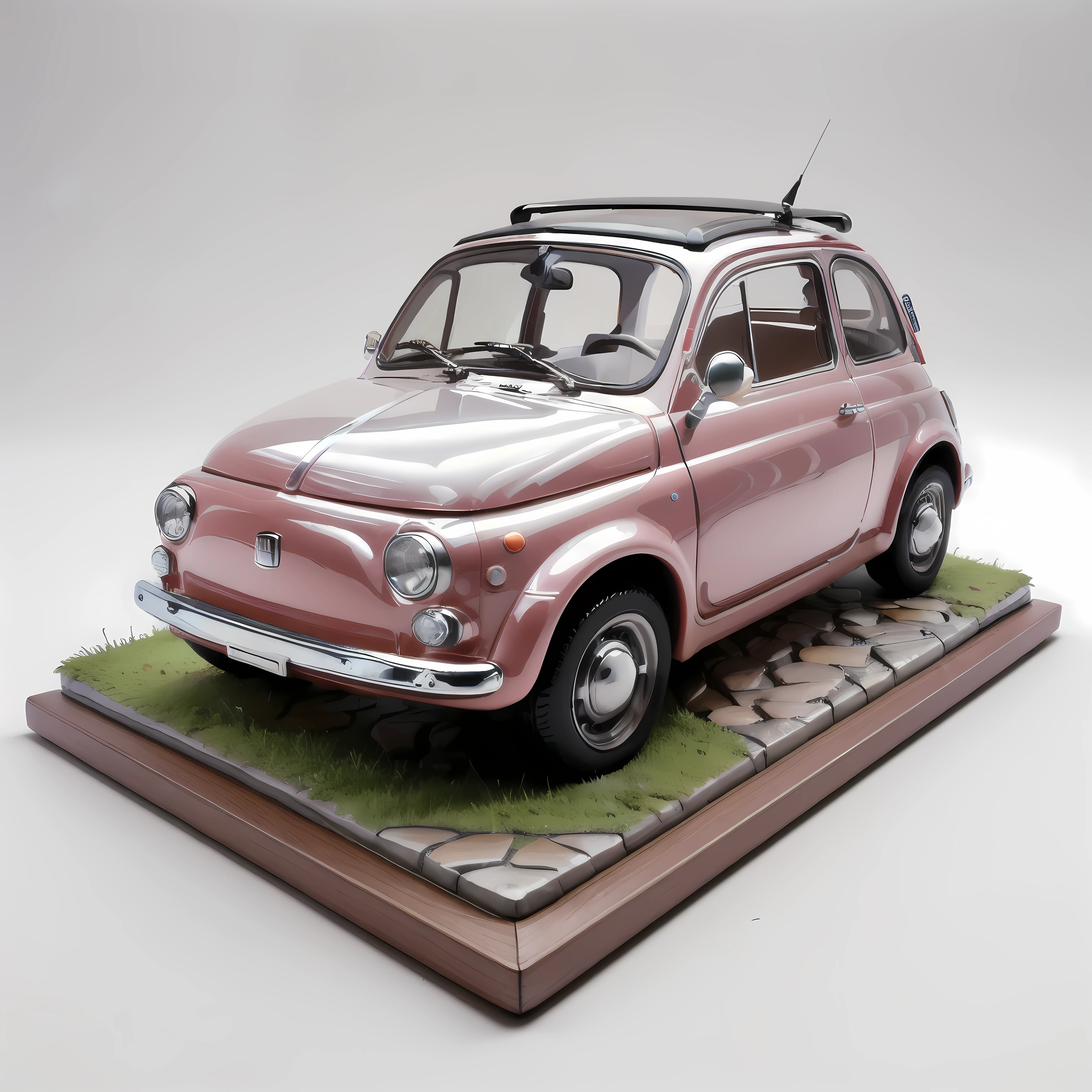 (masterpiece,Highest quality,Highest quality,Very detailed),Cream-colored Fiat 500 plastic model,Isometric 3D diorama,Matte Paint