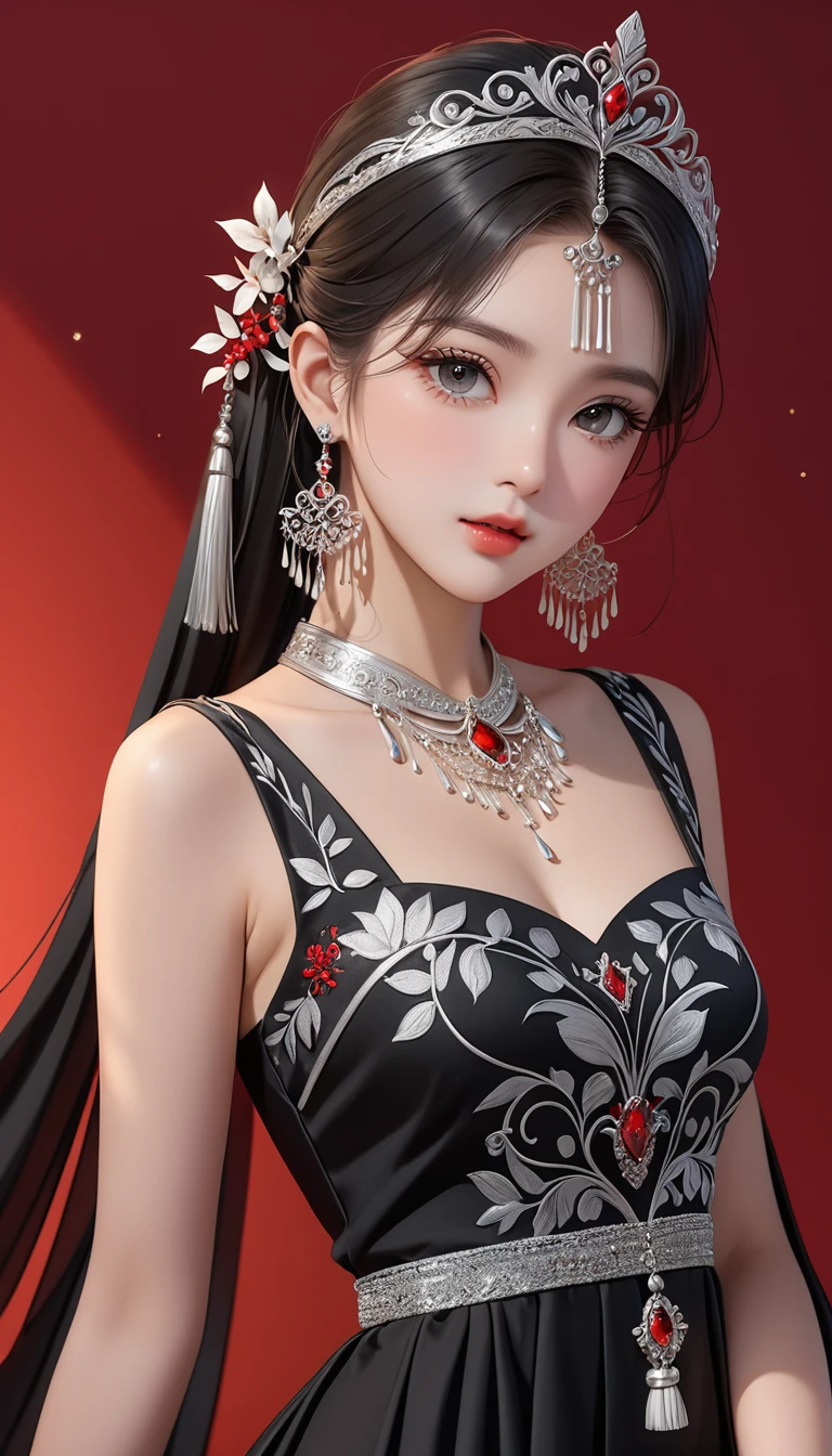 (masterpiece，high quality，8K).beautiful girl，Ethnic evening dress：1.5.Skin details，Bright Eyes，Thick eyelashes，Unique，Staring at the audience），（Black long skirt，Long legs，seedling：1.5，Silver jewelry：1.2，Silver crown：1.5，silver tassel：1.37，）。Clean and simple red background