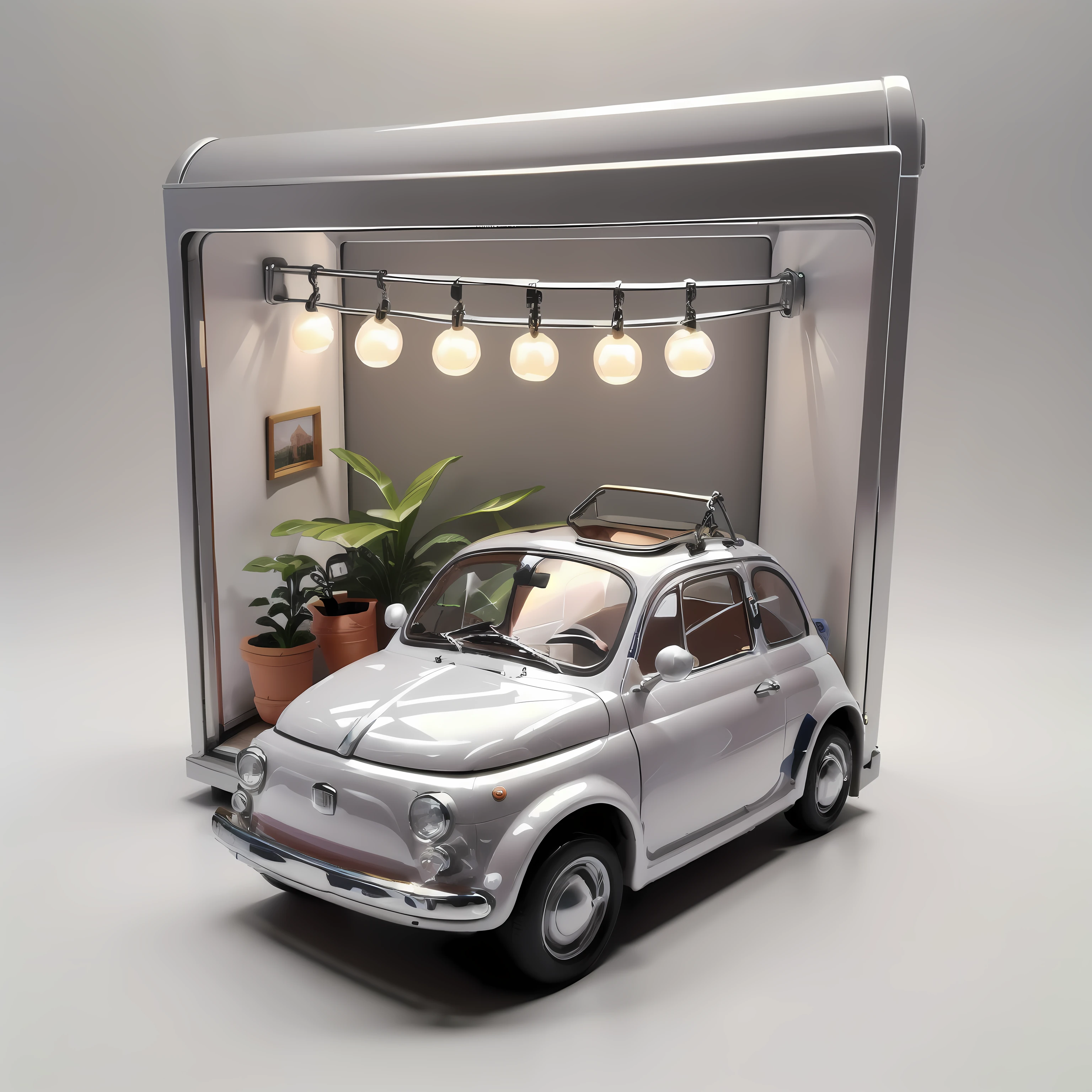 (masterpiece,Highest quality,Highest quality,Very detailed),Cream-colored Fiat 500 plastic model,Isometric 3D diorama,Matte Paint