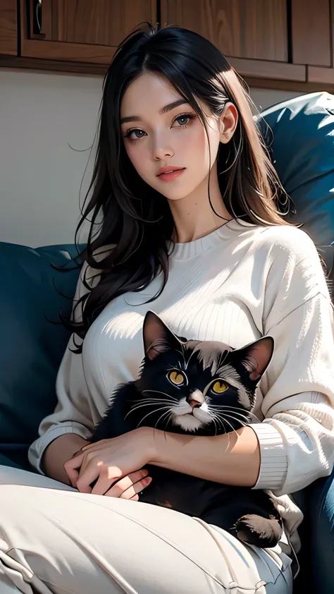 woman with a cat on her lap, age 25, watching a sleeping cat