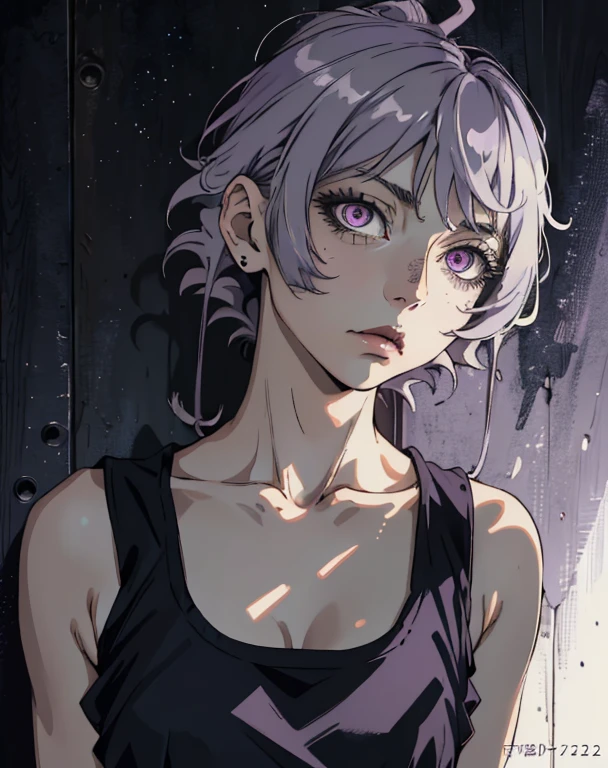 ((masterpiece, best quality)), (1girl, anime girl in retro style),(mature), (solo), (female focus), (grey hair, messy hair, long hair),((pale purple eyes, sharp eyes)) ((exposed shoulder, tank top)), pale skin, evil, vicious, portraits, close up, upper body, vibrant colors, soft lighting