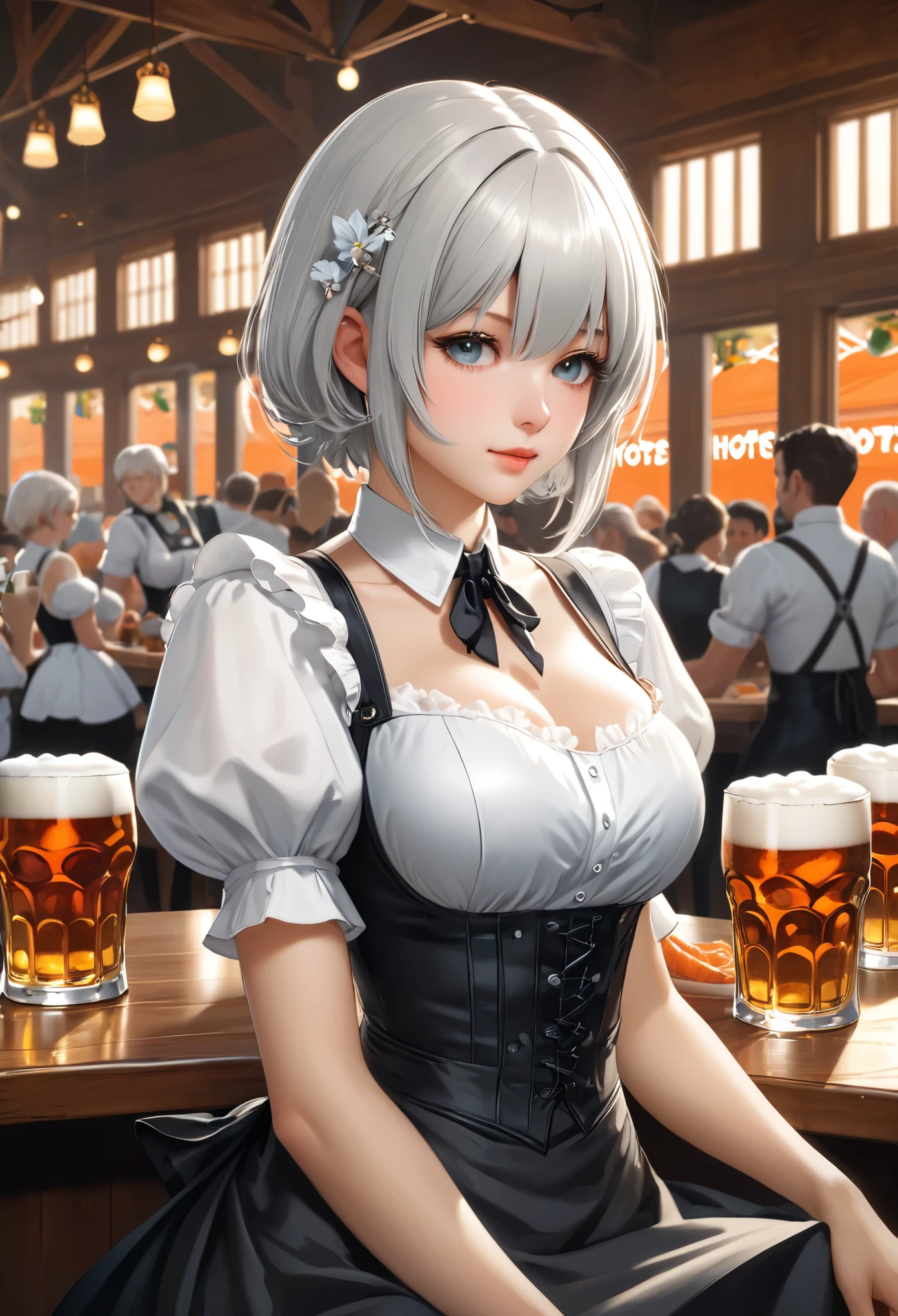 (YoRHa 2B, 2B, Ein Mädchen, allein, Große schwingende Oberweite:1.3), kompliziert, elegant, Sehr detailiert, digitale Zeichnung, Kunstステーション, コンセプトKunst, glatt, scharfer Fokus, Form, Kunstジャム、Greg Rutkowski、Alphonse Mucha、William Adolphe Bouguereau、Kunst：Stephanie Law , Natur, Ganzer Schuss, Symmetric, Greg Rutkowski, Charlie Bowwater, Piep, Unwirklich 5, surreal, dynamische Beleuchtung, ファンタジーKunst, (Hooters, Oktoberfest, Kellnerin:1.7),