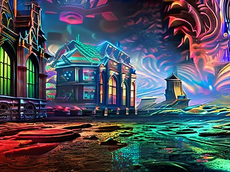 Surreal Cityscape with Colorful Fractal, Creepy fractal shapes, stone buildings, horror, dark space,cthulhu style